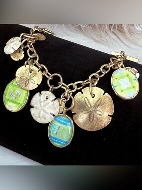 Vintage aged brasstone, bohemian island chic, shell charm bracelet